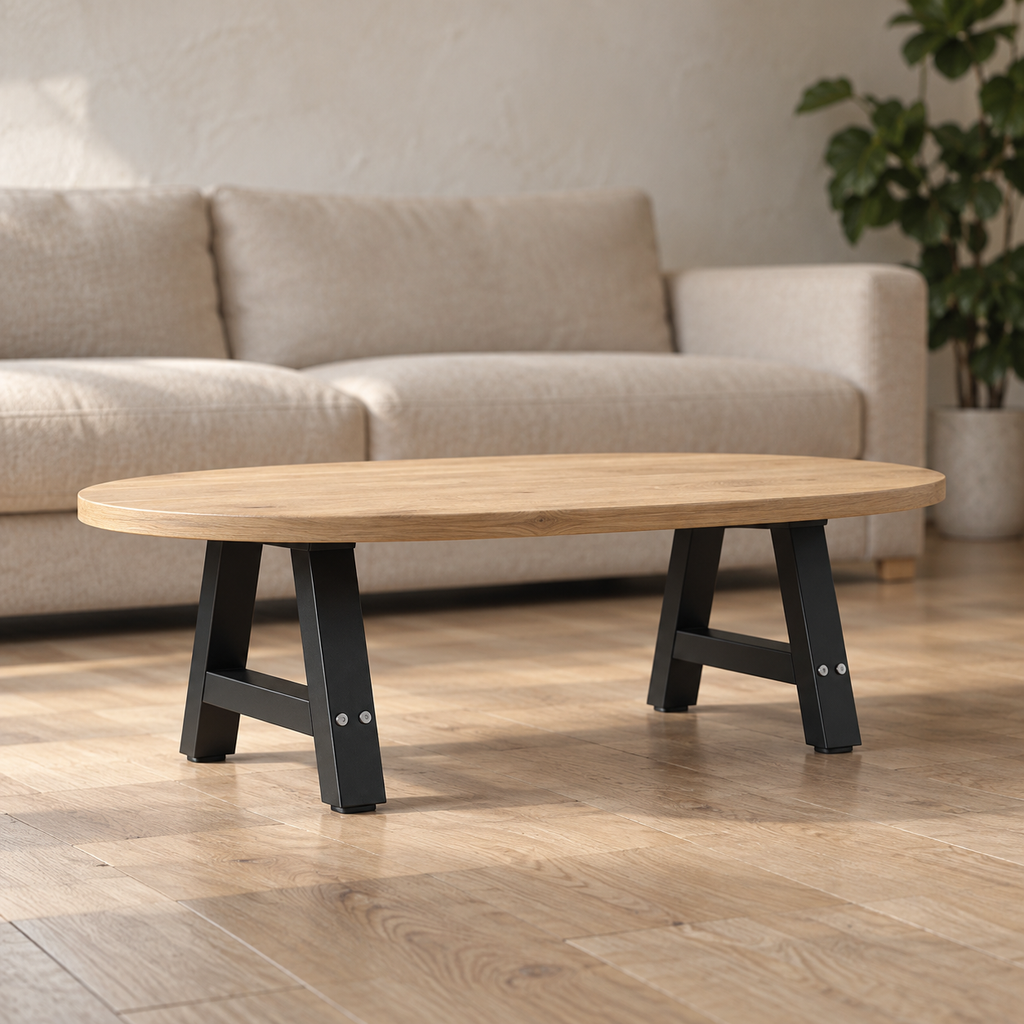 Pieds de table basse en A en acier noir, lot de 2, 40 × 30 cm, en situation dans un salon