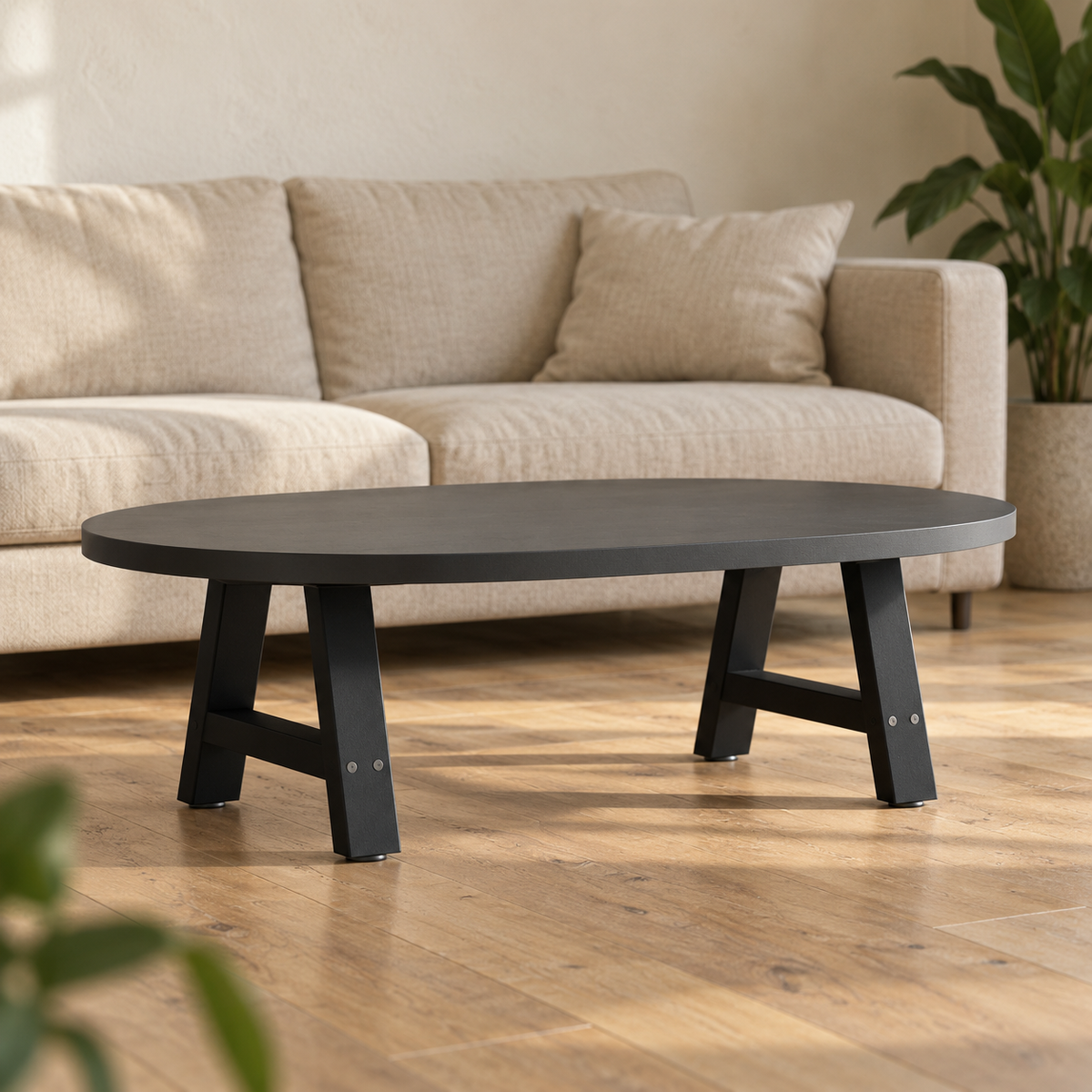 Pieds de table basse en A en acier noir, lot de 2, 50 × 30 cm, en situation dans un salon