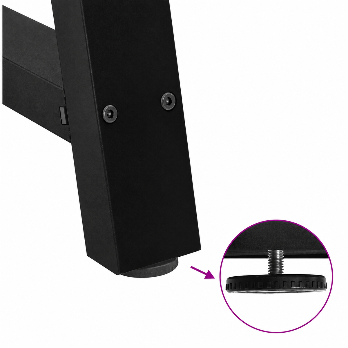 Détail du patin réglable des pieds de table basse en A en acier noir, 60 × 30 cm