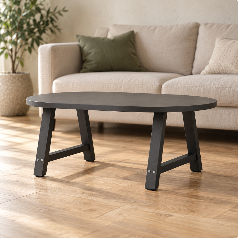 Table basse sur pieds en A 60 × 42 cm en acier dans un salon