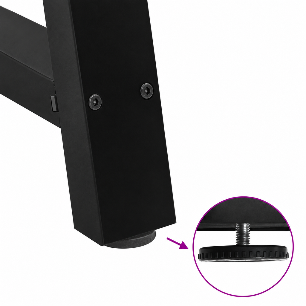 Détail du patin réglable des pieds de table basse en A en acier noir, 60 × 42 cm