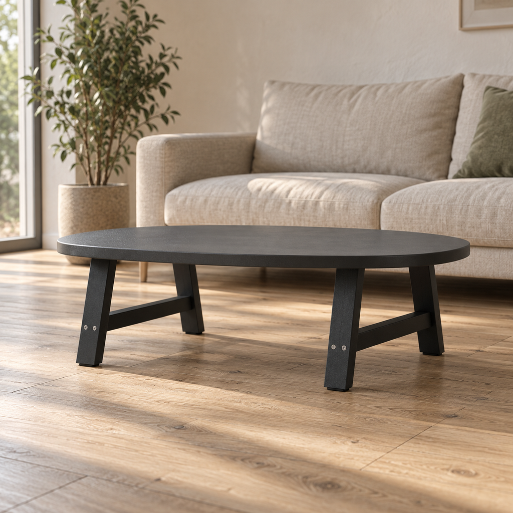 Pieds de table basse en A en acier noir, lot de 2, 70 × 30 cm, en situation dans un salon