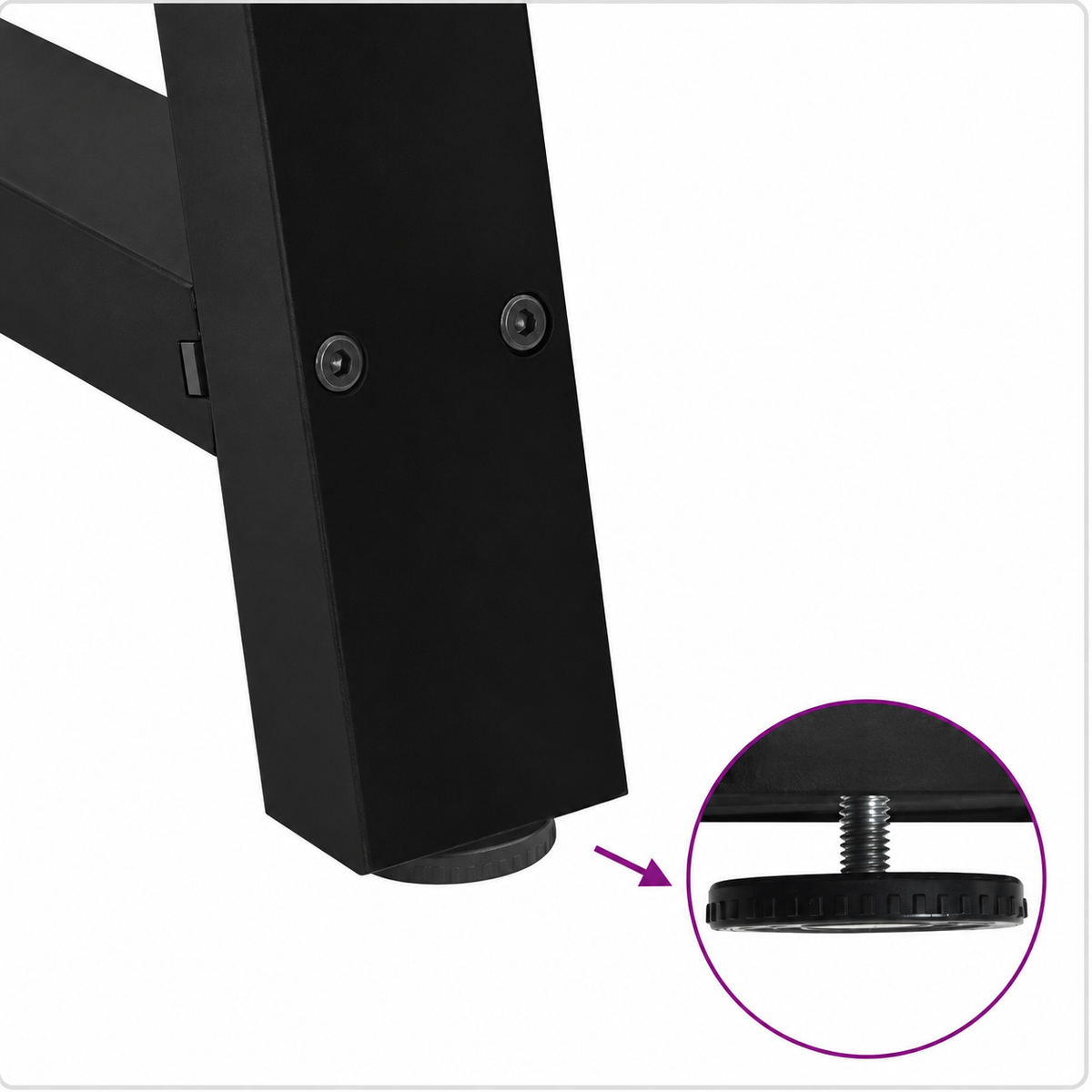 Détail du patin réglable des pieds de table basse en A en acier noir, 70 × 30 cm