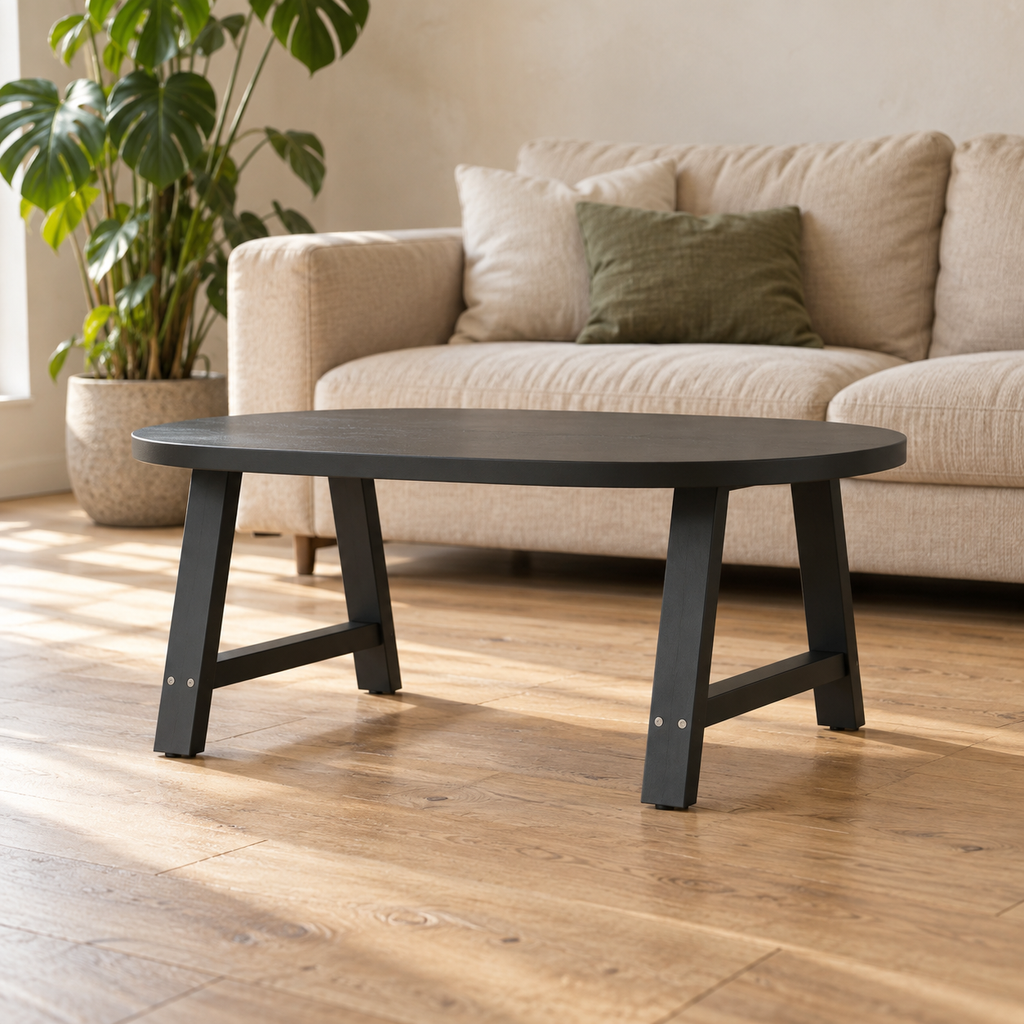 Pieds de table basse en A en acier noir, lot de 2, 70 × 42 cm, en situation dans un salon