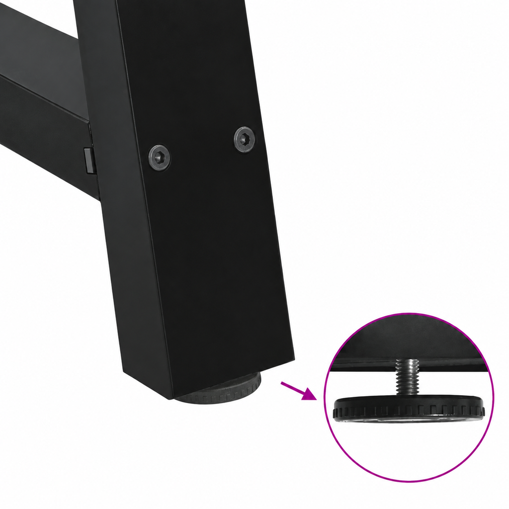 Détail du patin réglable des pieds de table basse en A en acier noir, 70 × 42 cm