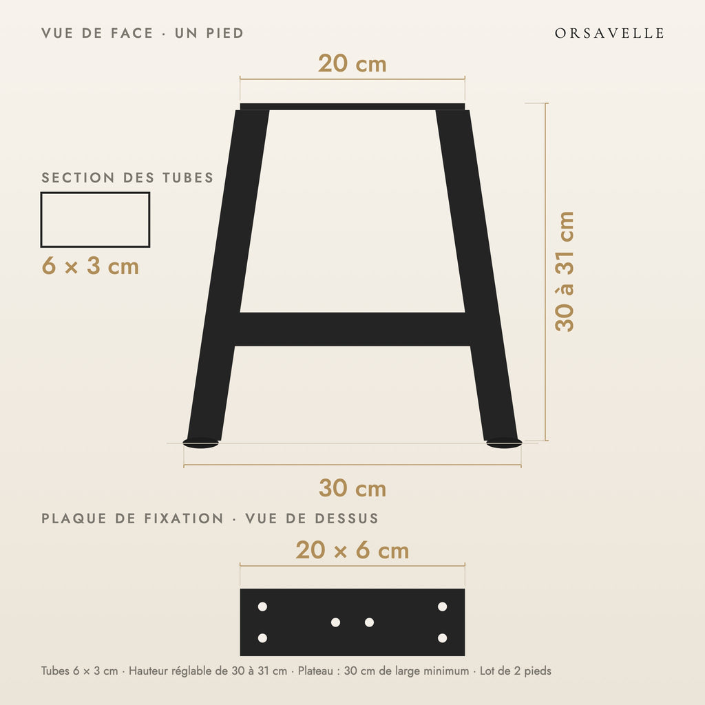 Schéma coté des Pieds de table basse en A en acier, Lot de 2, 30 × 30 cm : vue de face d'un pied, plaque de fixation, dimensions en cm