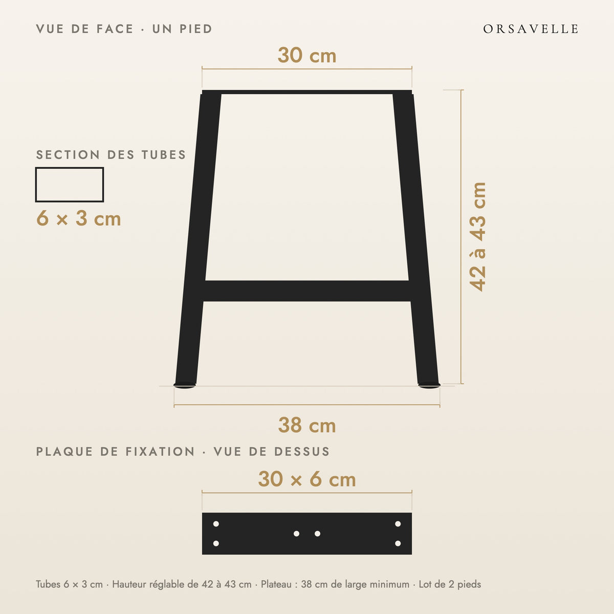 Schéma coté des Pieds de table basse en A en acier, Lot de 2, 38 × 42 cm : vue de face d'un pied, plaque de fixation, dimensions en cm