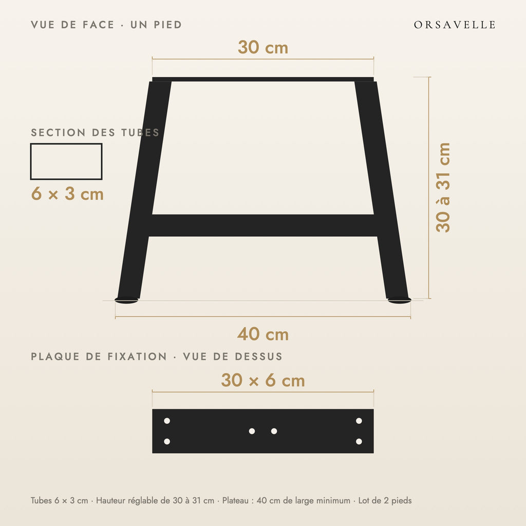 Schéma coté des Pieds de table basse en A en acier, Lot de 2, 40 × 30 cm : vue de face d'un pied, plaque de fixation, dimensions en cm