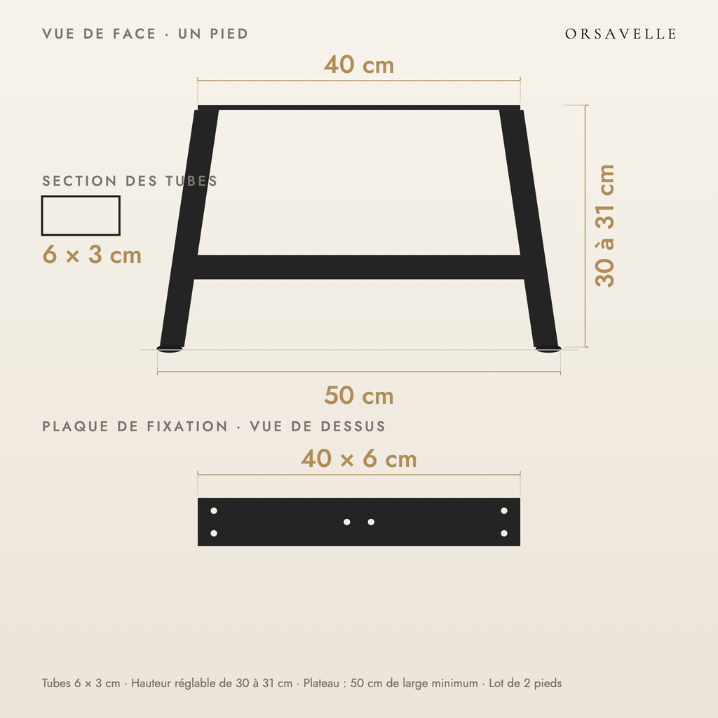 Schéma coté des Pieds de table basse en A en acier, Lot de 2, 50 × 30 cm : vue de face d'un pied, plaque de fixation, dimensions en cm