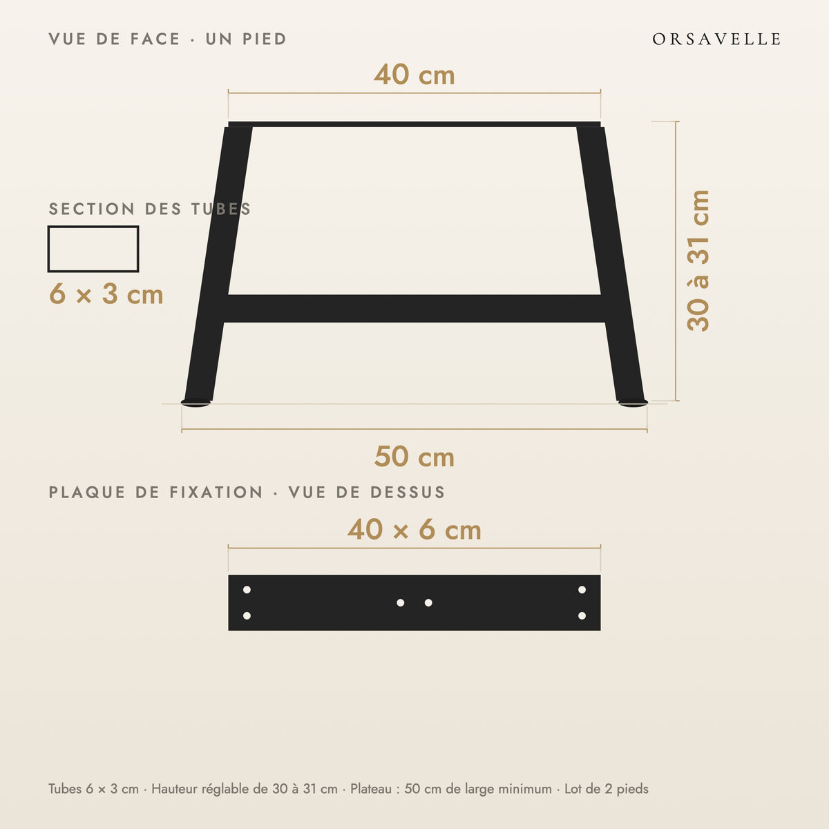Schéma coté des Pieds de table basse en A en acier, Lot de 2, 50 × 30 cm : vue de face d'un pied, plaque de fixation, dimensions en cm