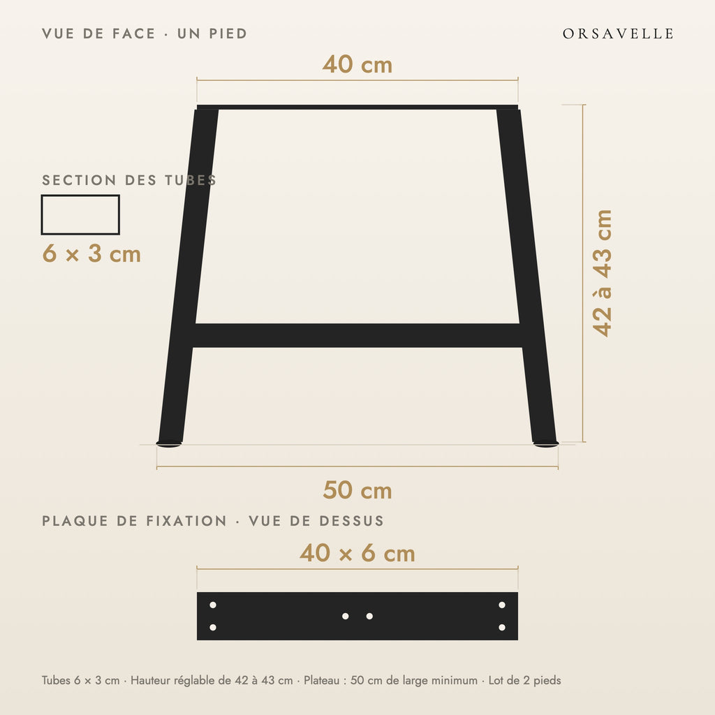 Schéma coté des Pieds de table basse en A en acier, Lot de 2, 50 × 42 cm : vue de face d'un pied, plaque de fixation, dimensions en cm