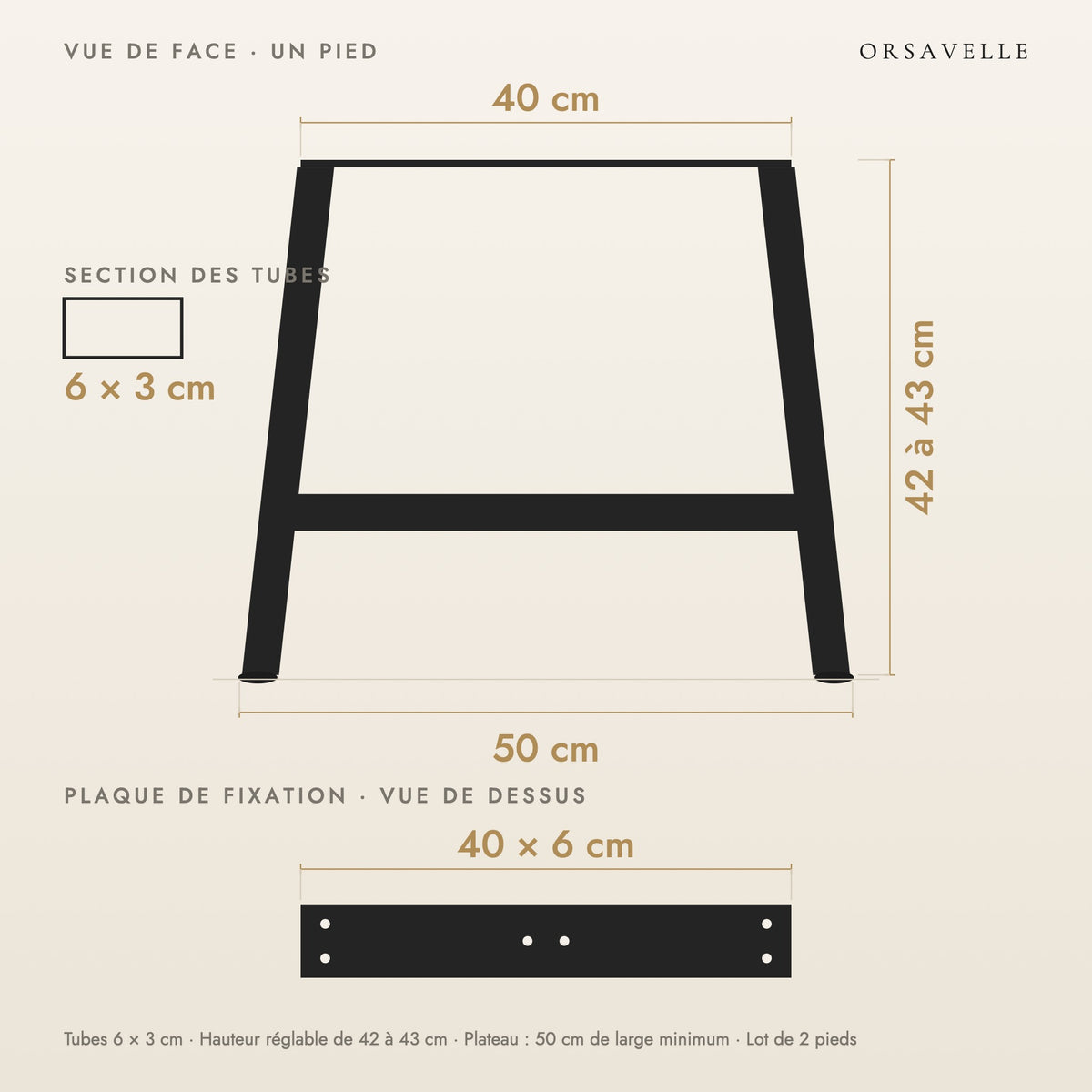Schéma coté des Pieds de table basse en A en acier, Lot de 2, 50 × 42 cm : vue de face d'un pied, plaque de fixation, dimensions en cm