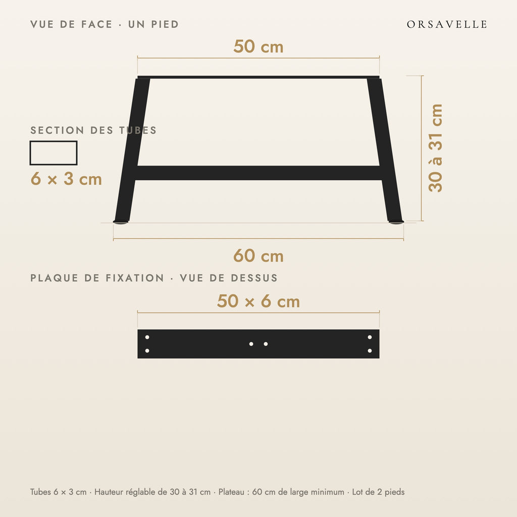 Schéma coté des Pieds de table basse en A en acier, Lot de 2, 60 × 30 cm : vue de face d'un pied, plaque de fixation, dimensions en cm