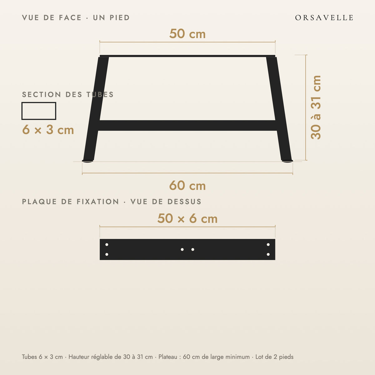 Schéma coté des Pieds de table basse en A en acier, Lot de 2, 60 × 30 cm : vue de face d'un pied, plaque de fixation, dimensions en cm