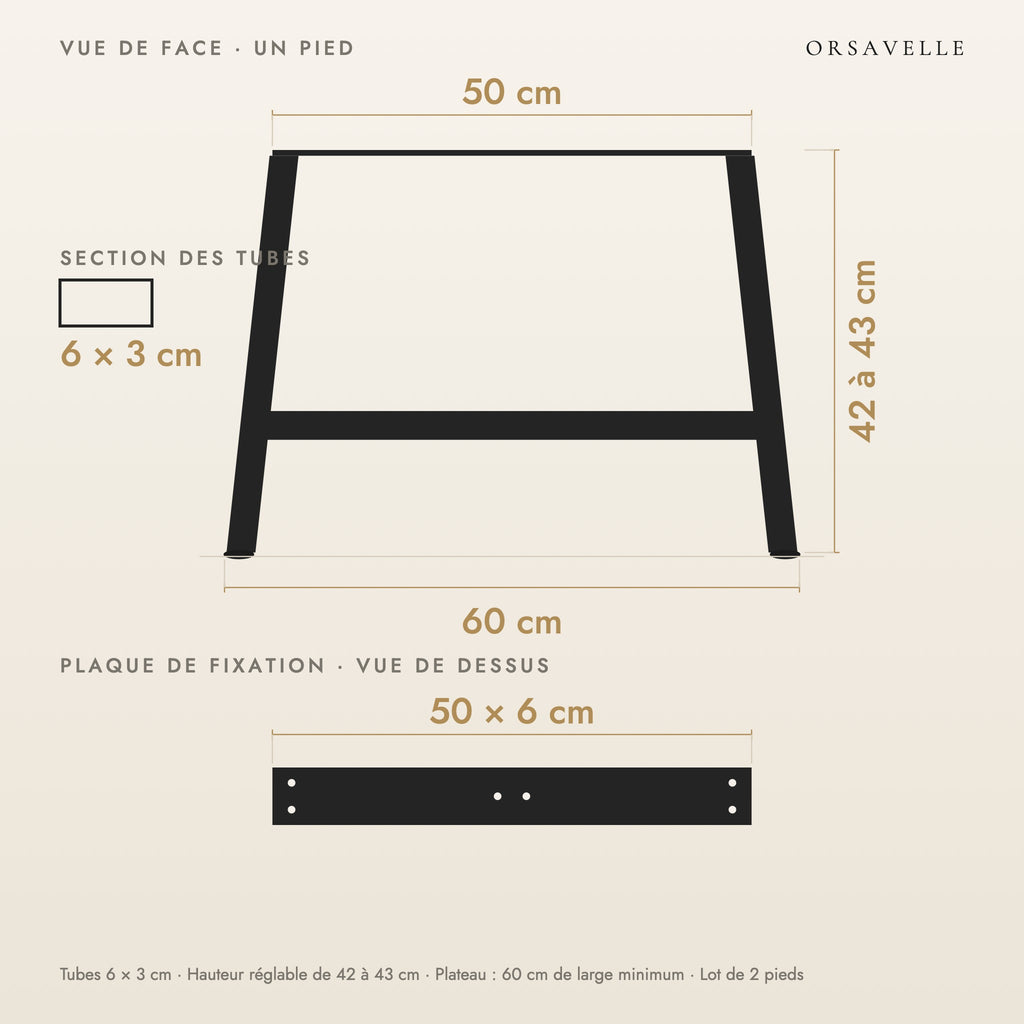 Schéma coté des Pieds de table basse en A en acier, Lot de 2, 60 × 42 cm : vue de face d'un pied, plaque de fixation, dimensions en cm