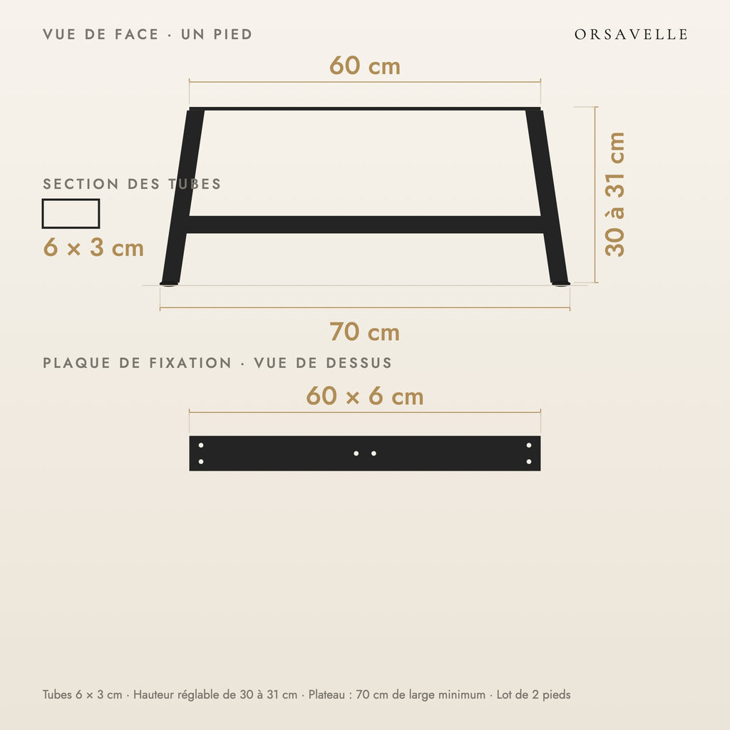 Schéma coté des Pieds de table basse en A en acier, Lot de 2, 70 × 30 cm : vue de face d'un pied, plaque de fixation, dimensions en cm