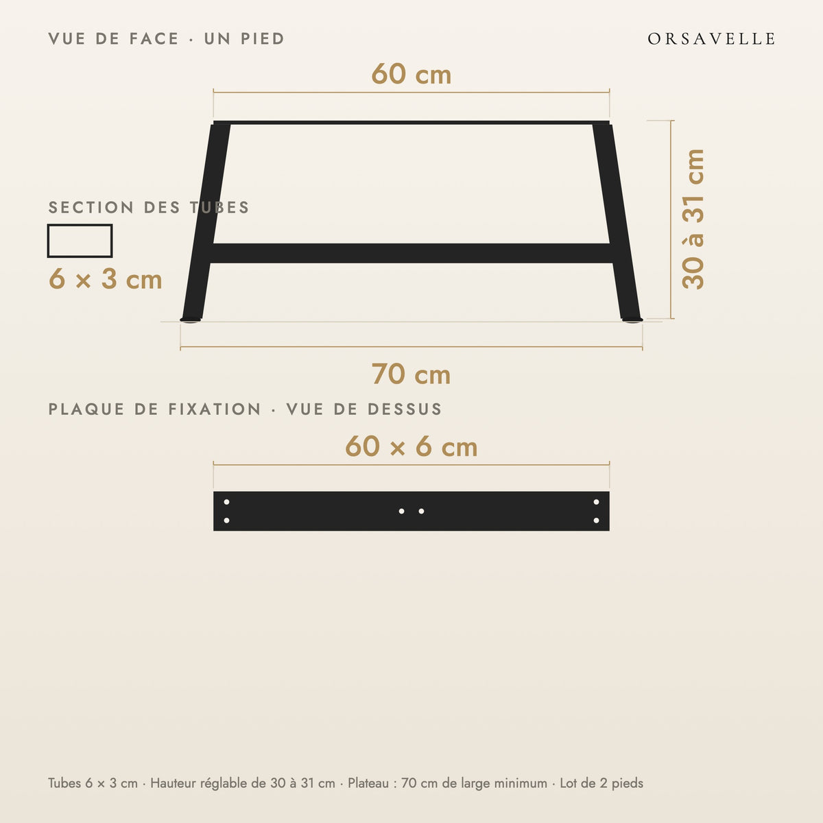 Schéma coté des Pieds de table basse en A en acier, Lot de 2, 70 × 30 cm : vue de face d'un pied, plaque de fixation, dimensions en cm