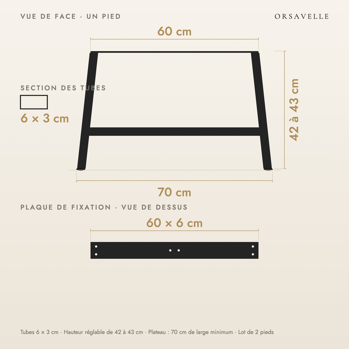 Schéma coté des Pieds de table basse en A en acier, Lot de 2, 70 × 42 cm : vue de face d'un pied, plaque de fixation, dimensions en cm