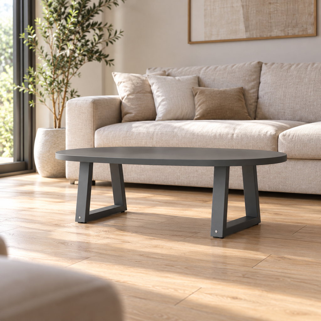 Pieds de table basse en V en acier anthracite, lot de 2, 40 × 30 cm, en situation dans un salon