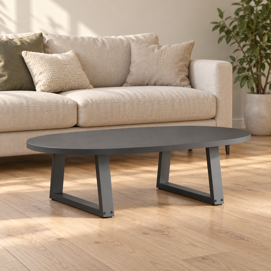 Pieds de table basse en V en acier anthracite, lot de 2, 50 × 30 cm, en situation dans un salon