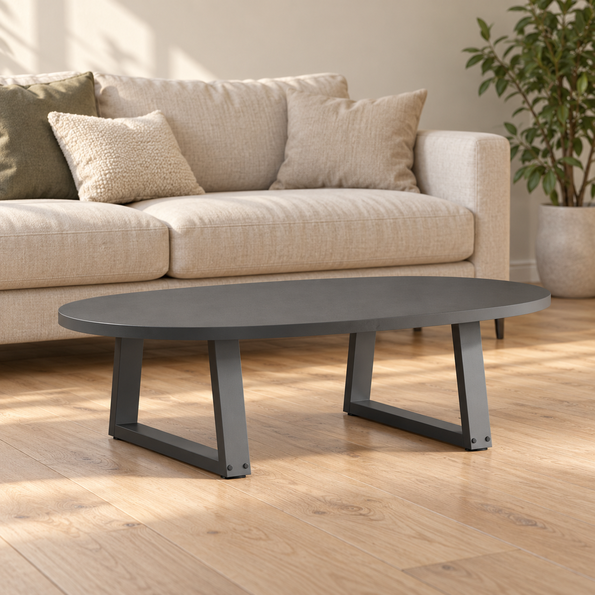 Pieds de table basse en V en acier anthracite, lot de 2, 50 × 30 cm, en situation dans un salon