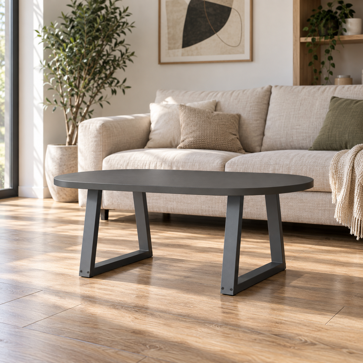 Pieds de table basse en V en acier anthracite, lot de 2, 60 × 42 cm, en situation dans un salon