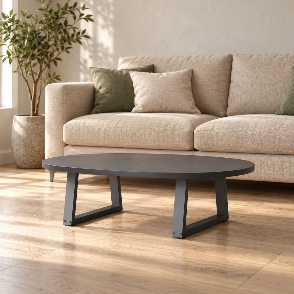 Pieds de table basse en V en acier anthracite, lot de 2, 70 × 30 cm, en situation dans un salon