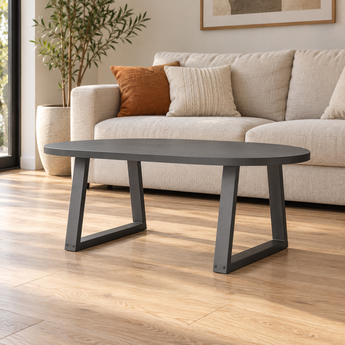 Pieds de table basse en V en acier anthracite, lot de 2, 70 × 42 cm, en situation dans un salon