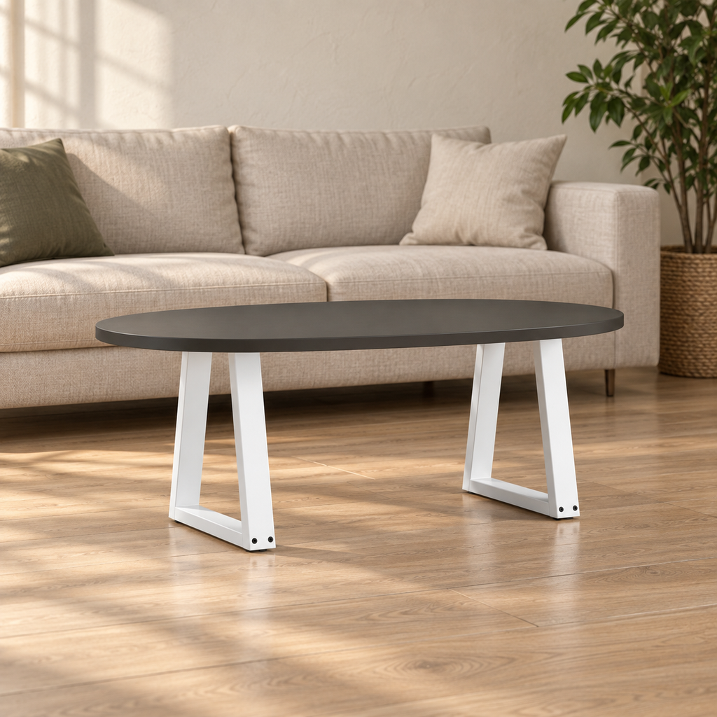 Pieds de table basse en V en acier blanc, lot de 2, 28 × 42 cm, en situation dans un salon