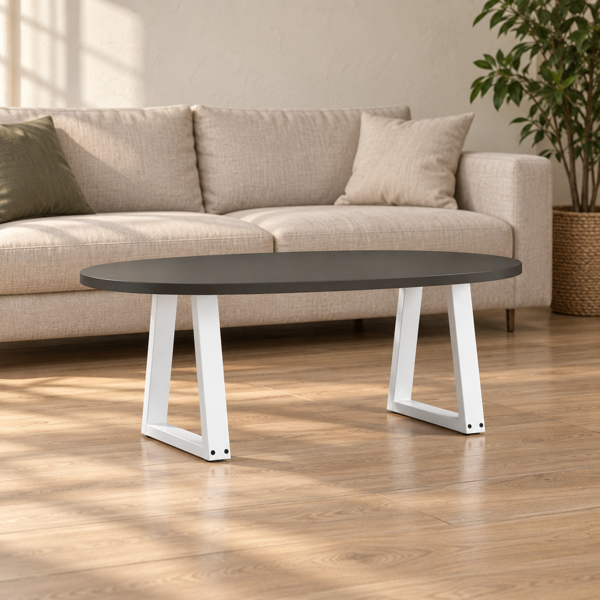 Pieds de table basse en V en acier blanc, lot de 2, 28 × 42 cm, en situation dans un salon