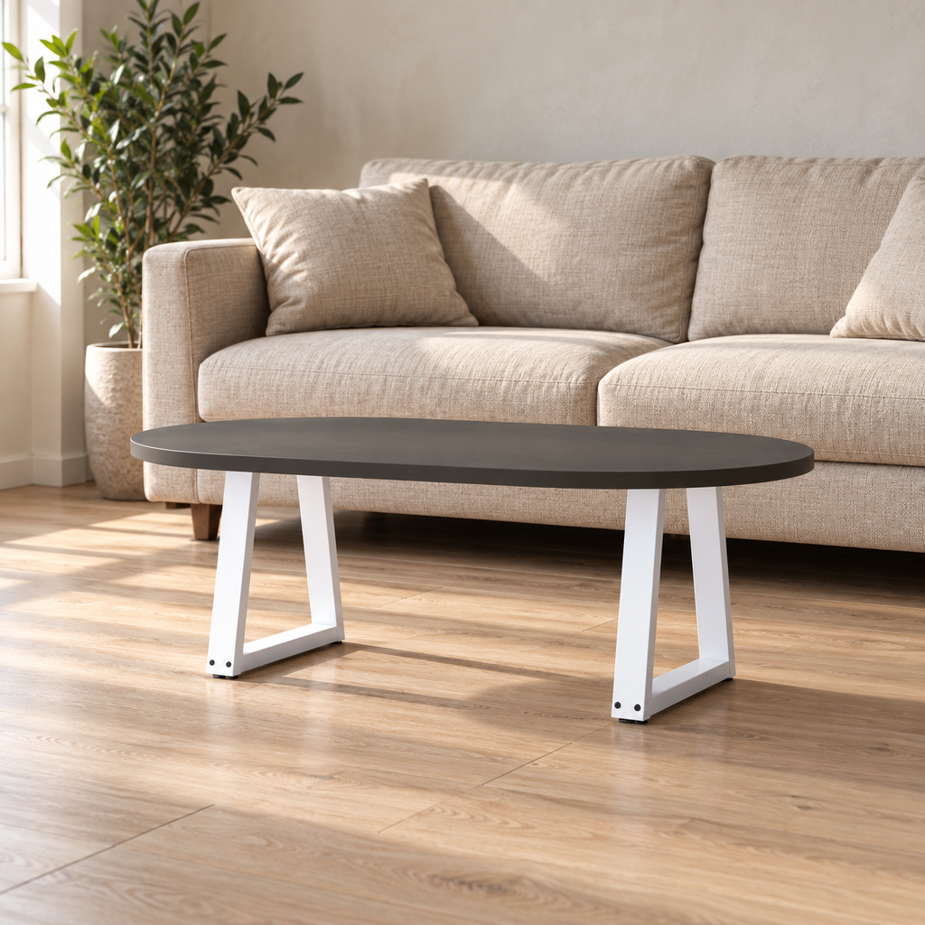 Pieds de table basse en V en acier blanc, lot de 2, 38 × 42 cm, en situation dans un salon