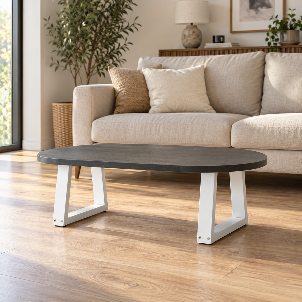 Pieds de table basse en V en acier blanc, lot de 2, 40 × 30 cm, en situation dans un salon