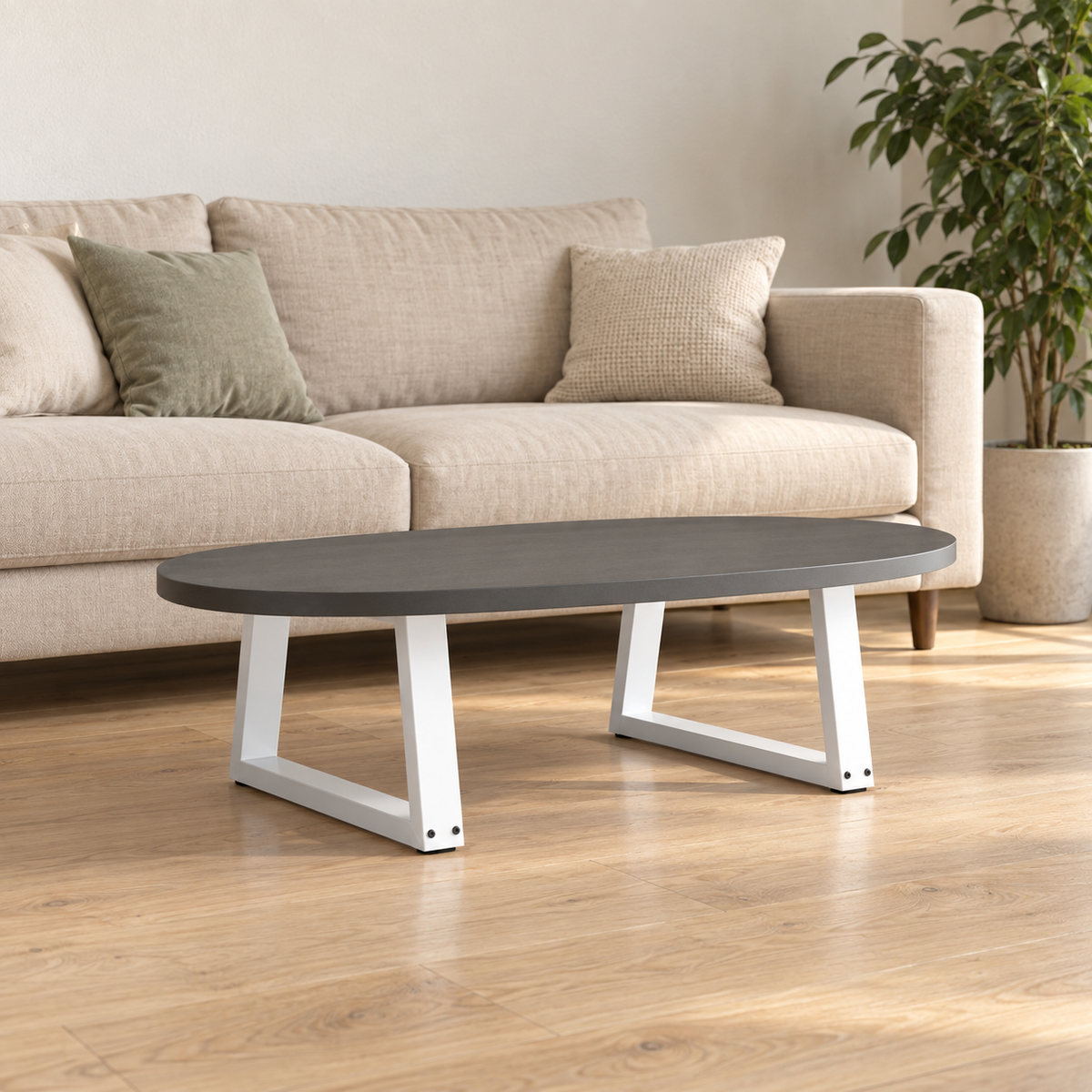 Pieds de table basse en V en acier blanc, lot de 2, 50 × 30 cm, en situation dans un salon