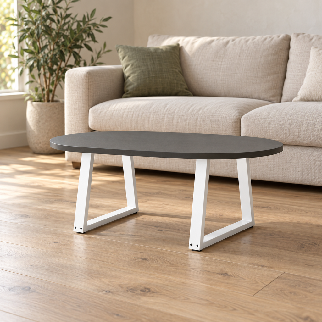 Pieds de table basse en V en acier blanc, lot de 2, 50 × 42 cm, en situation dans un salon