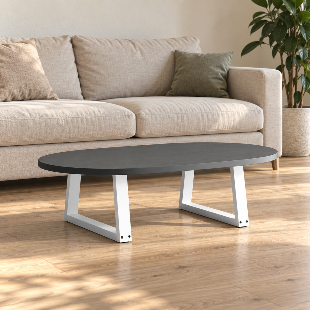 Pieds de table basse en V en acier blanc, lot de 2, 60 × 30 cm, en situation dans un salon