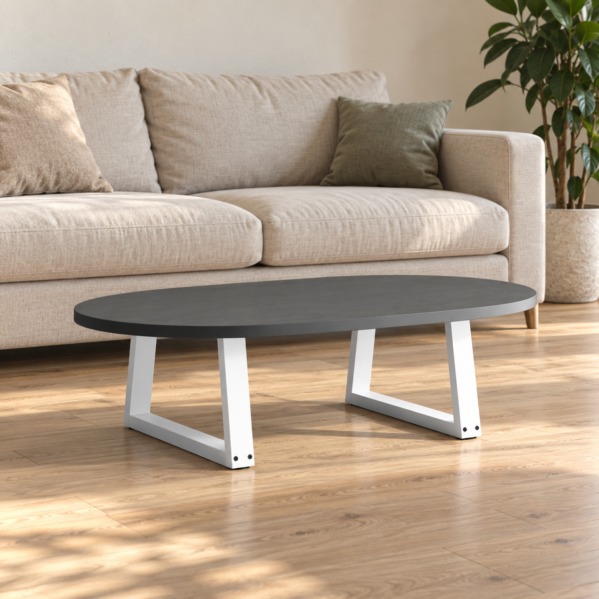 Pieds de table basse en V en acier blanc, lot de 2, 60 × 30 cm, en situation dans un salon