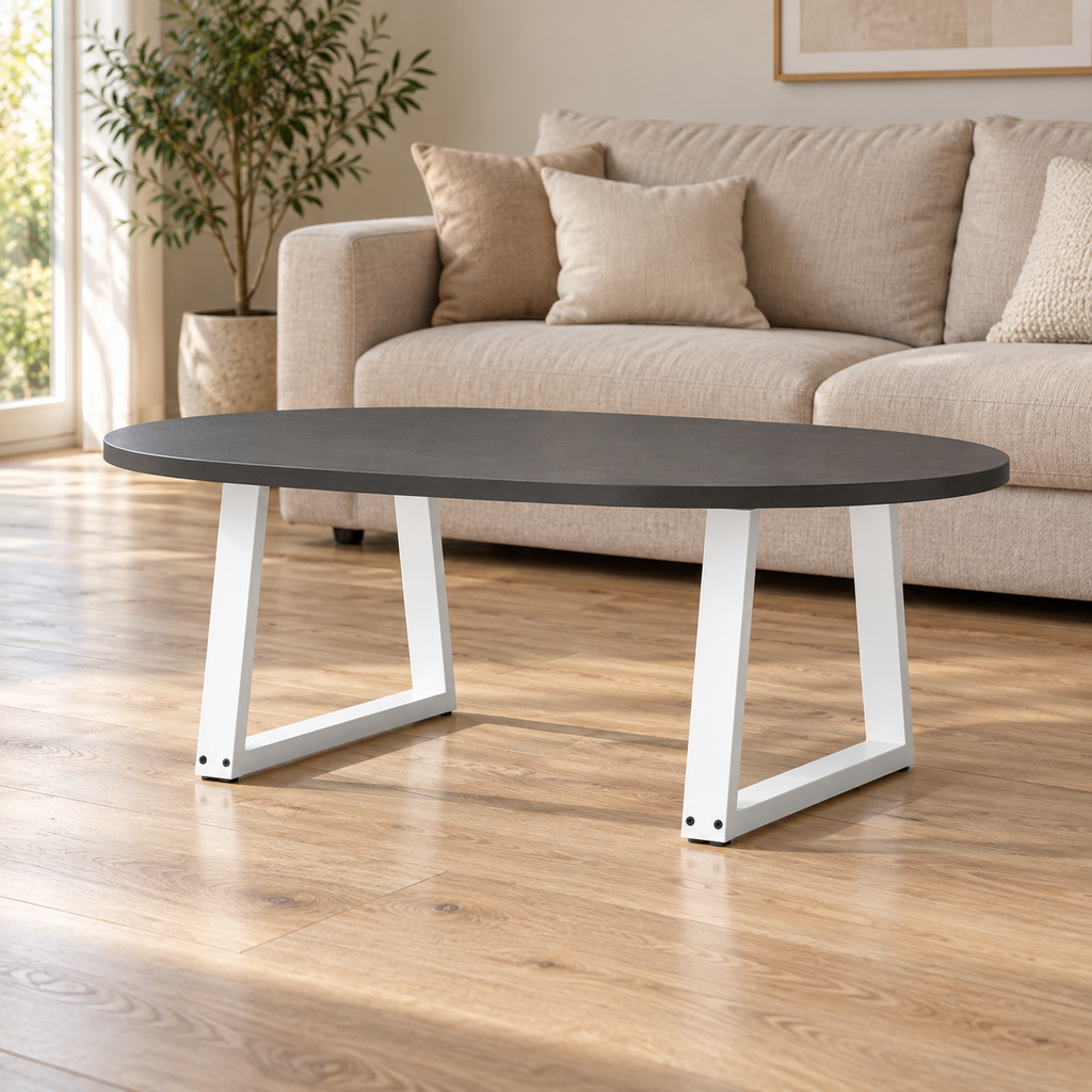 Pieds de table basse en V en acier blanc, lot de 2, 60 × 42 cm, en situation dans un salon