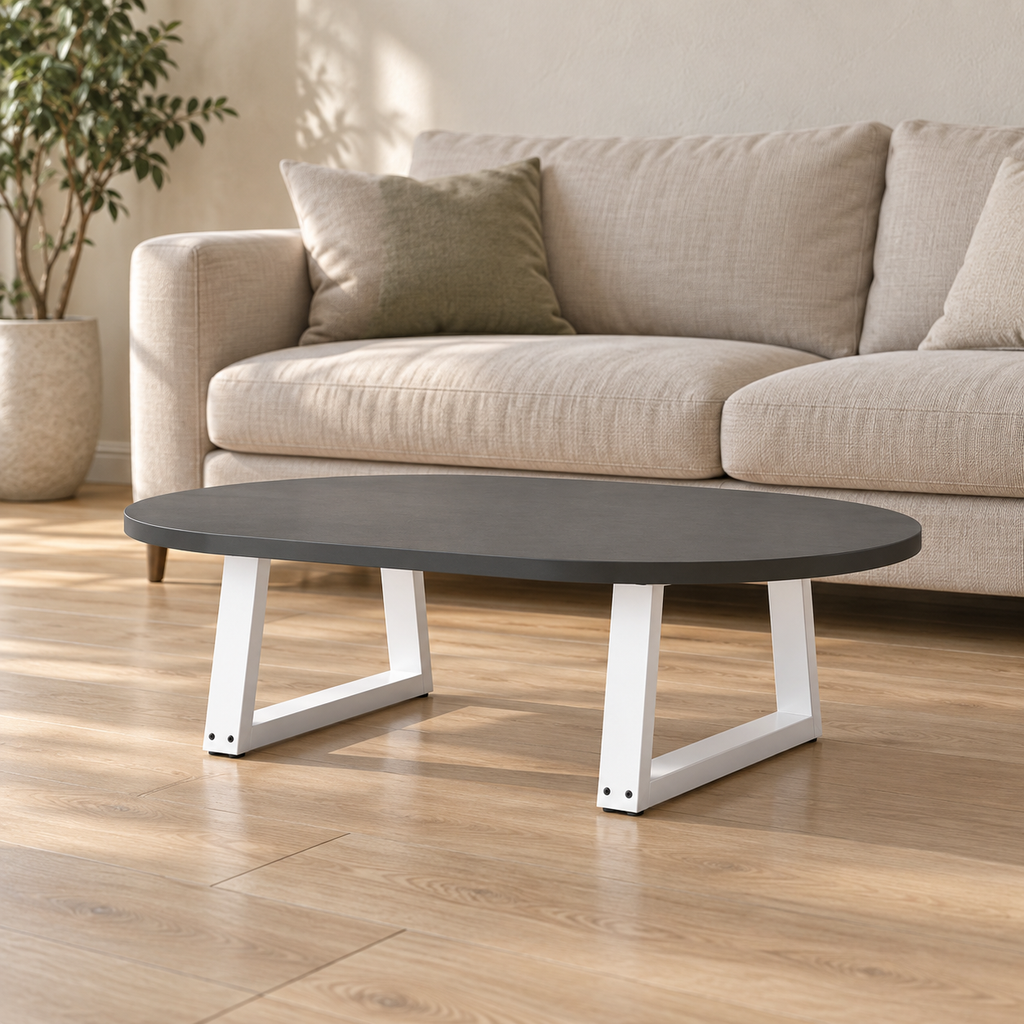 Pieds de table basse en V en acier blanc, lot de 2, 70 × 30 cm, en situation dans un salon