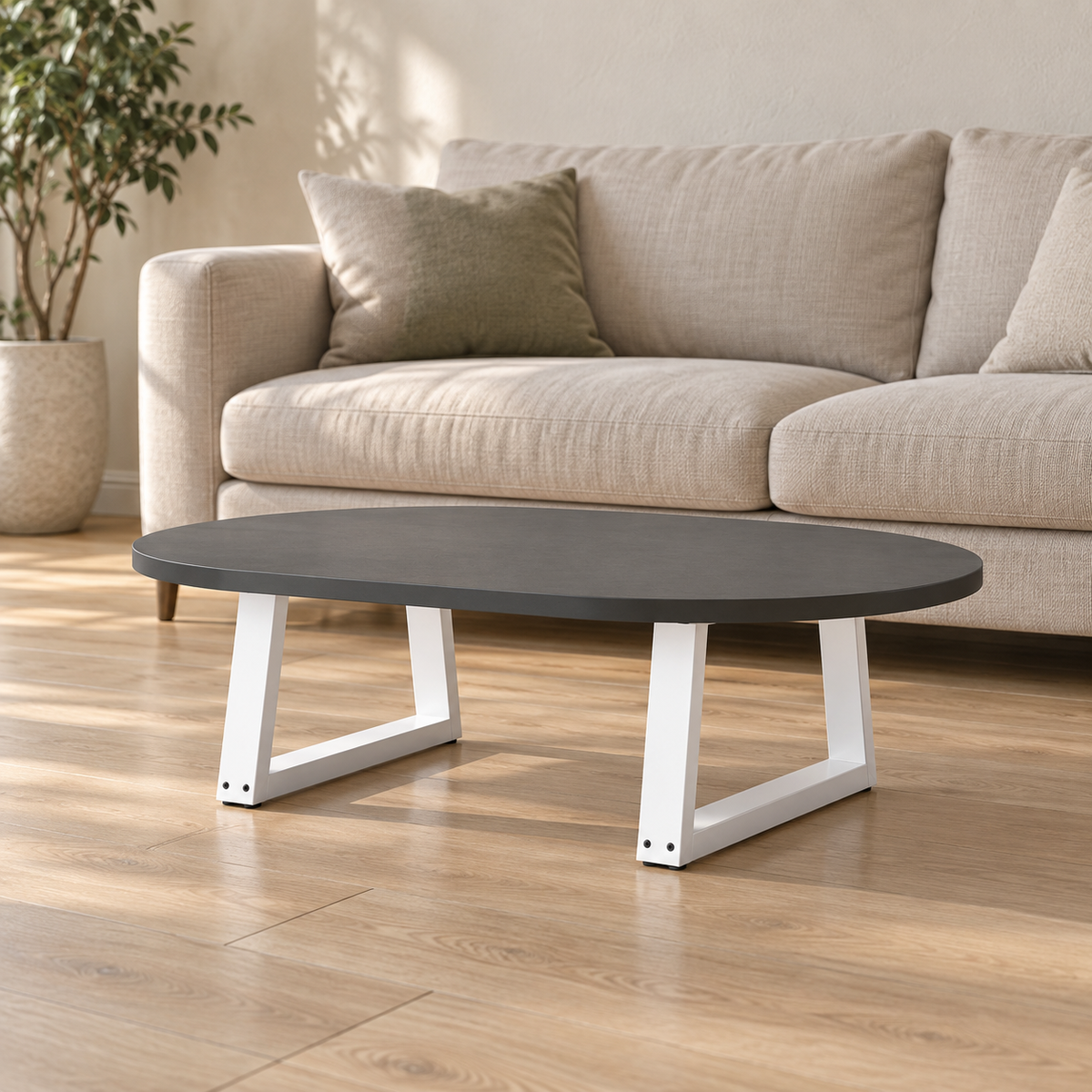 Pieds de table basse en V en acier blanc, lot de 2, 70 × 30 cm, en situation dans un salon