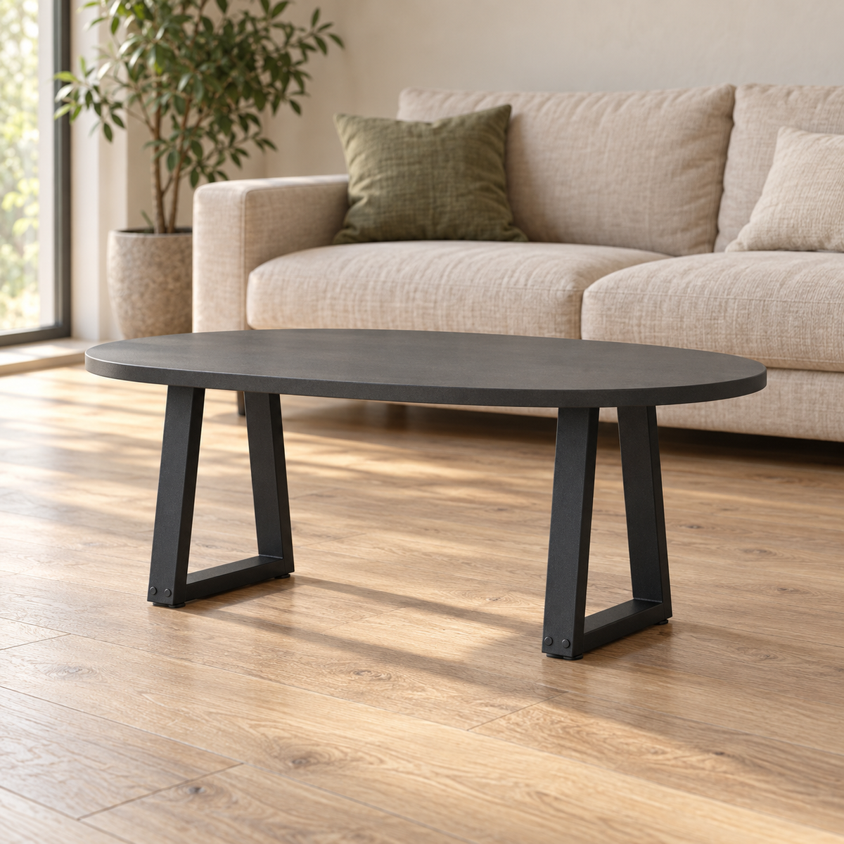 Pieds de table basse en V en acier noir, lot de 2, 28 × 42 cm, en situation dans un salon