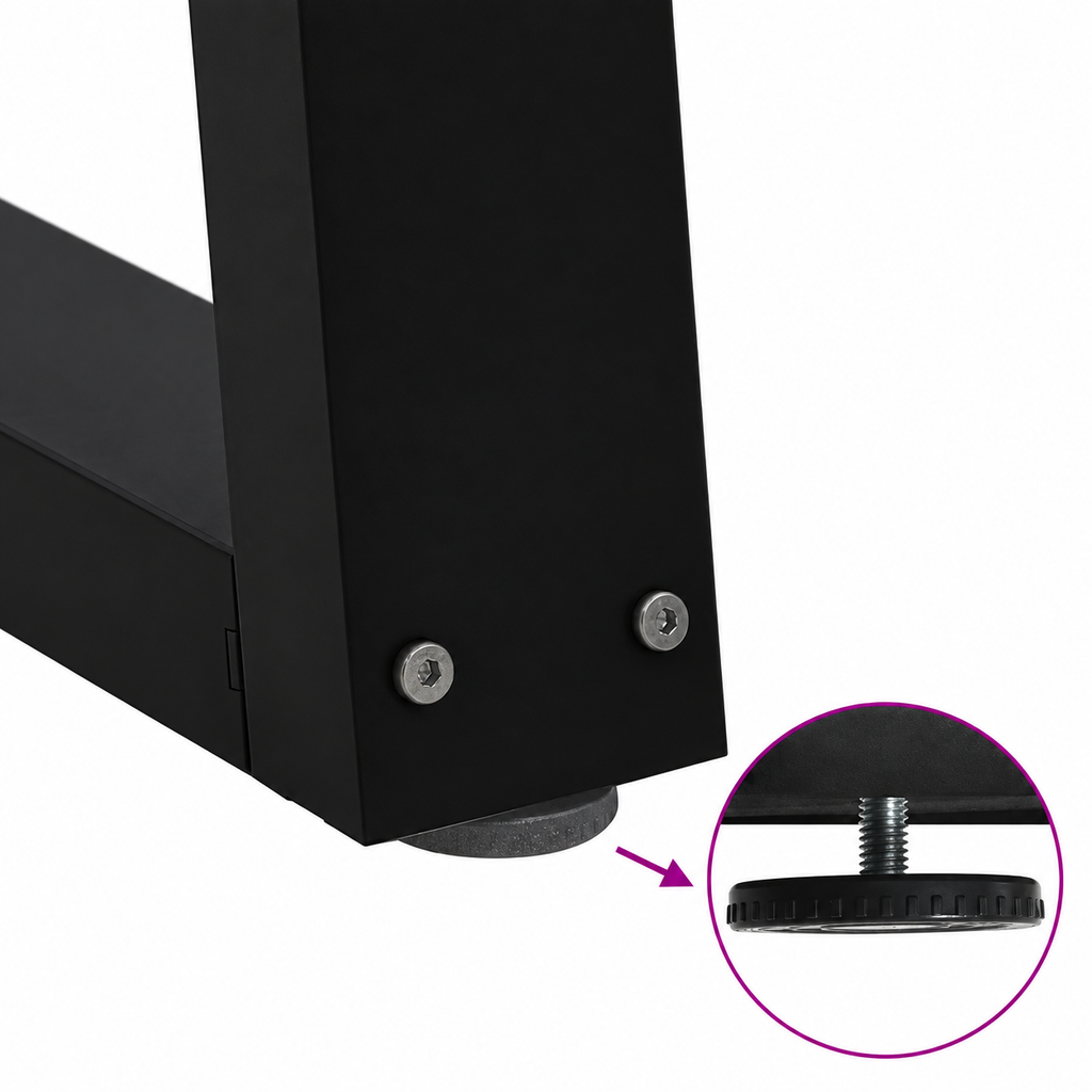 Détail du patin réglable des pieds de table basse en V en acier noir, 40 × 30 cm