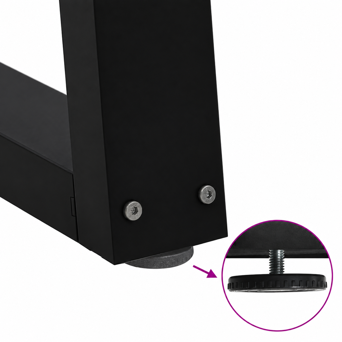 Détail du patin réglable des pieds de table basse en V en acier noir, 40 × 30 cm