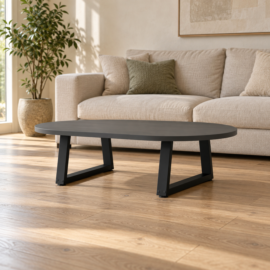 Pieds de table basse en V en acier noir, lot de 2, 50 × 30 cm, en situation dans un salon