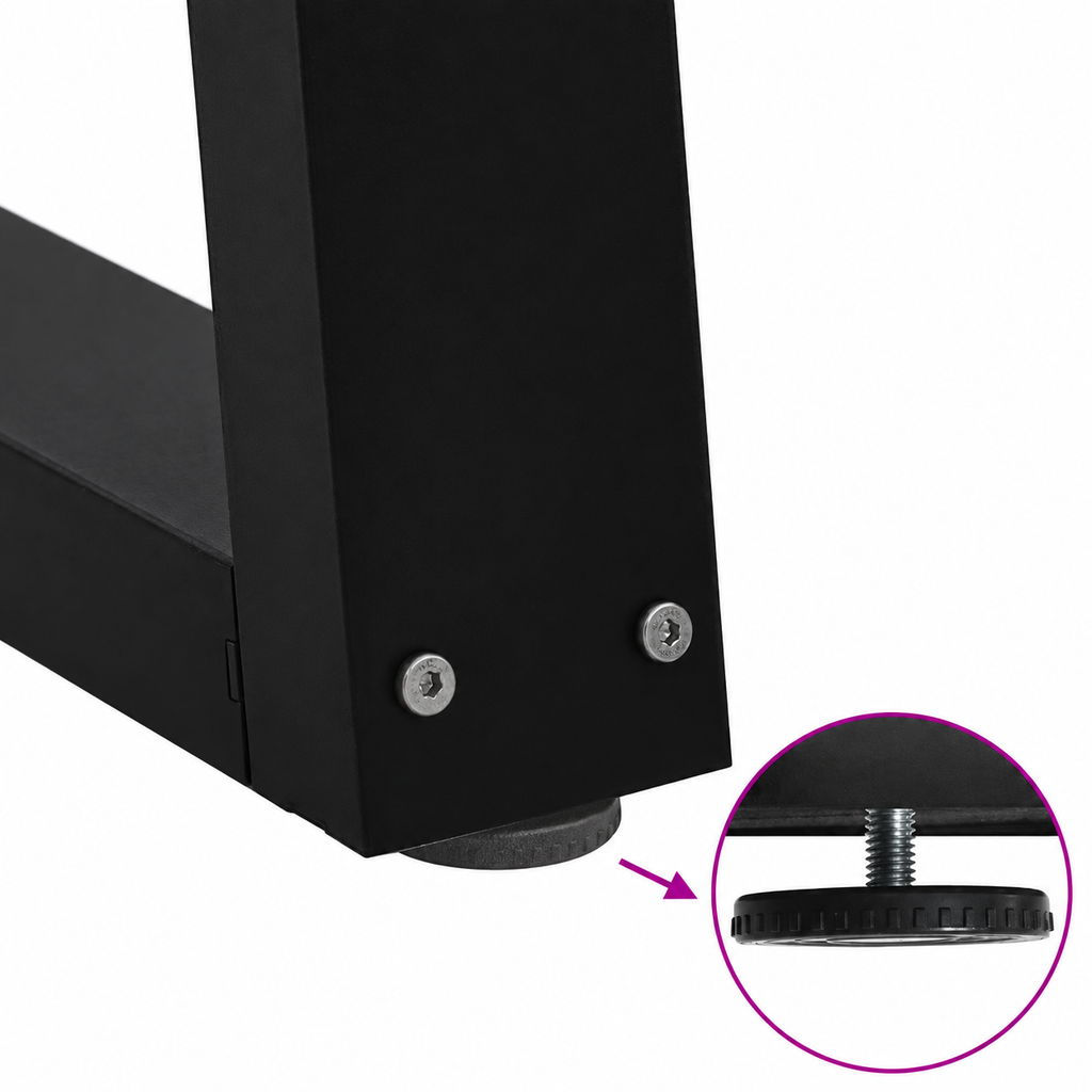 Détail du patin réglable des pieds de table basse en V en acier noir, 50 × 30 cm