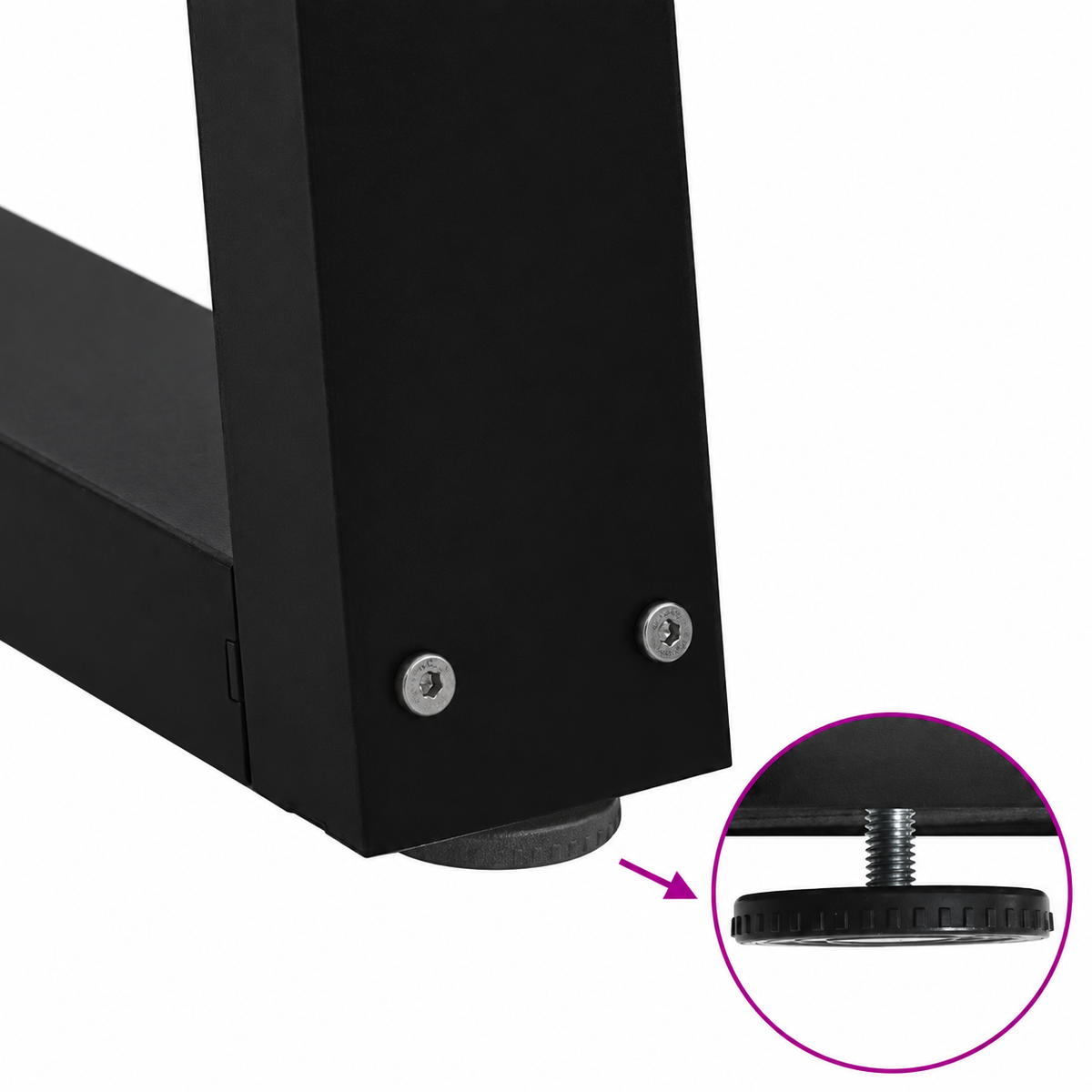 Détail du patin réglable des pieds de table basse en V en acier noir, 50 × 30 cm