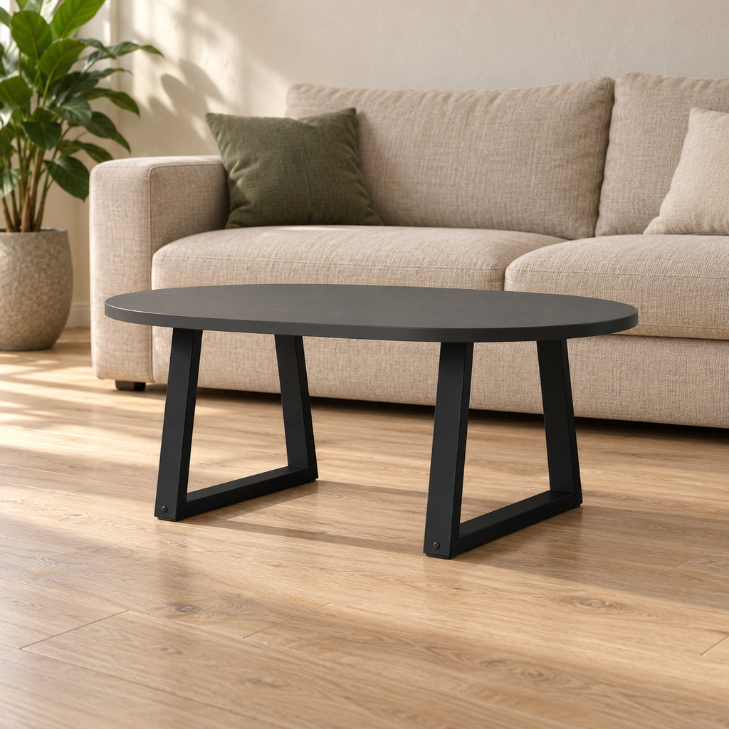 Pieds de table basse en V en acier noir, lot de 2, 50 × 42 cm, en situation dans un salon