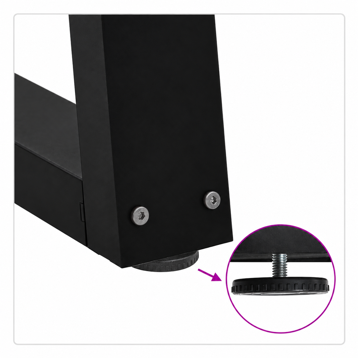 Détail du patin réglable des pieds de table basse en V en acier noir, 50 × 42 cm