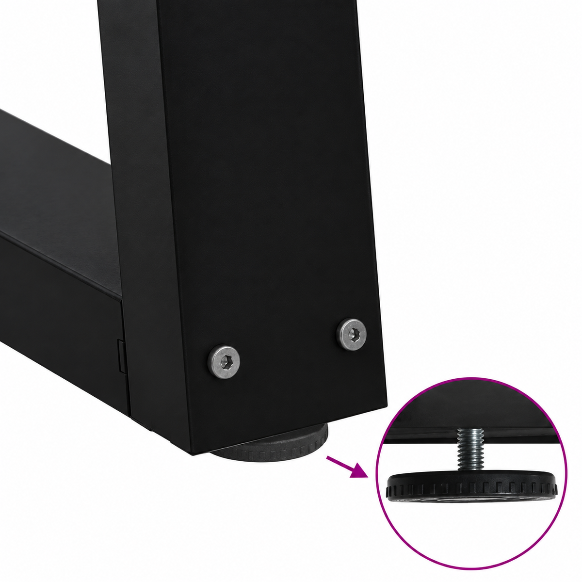 Détail du patin réglable des pieds de table basse en V en acier noir, 60 × 30 cm