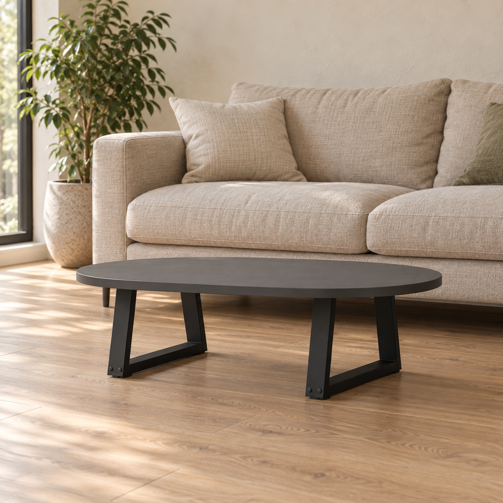 Pieds de table basse en V en acier noir, lot de 2, 70 × 30 cm, en situation dans un salon