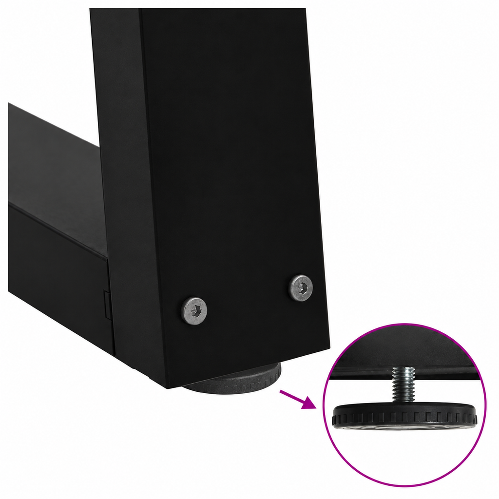 Détail du patin réglable des pieds de table basse en V en acier noir, 70 × 30 cm
